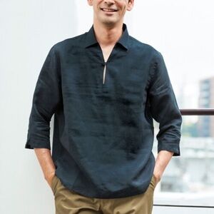 Japanese brand linen Navy Casual Button Down Shirt for Men